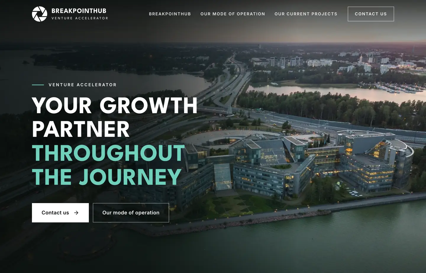 BreakpointHubin englanninkielisten kotisivujen etusivu: venture accelerator