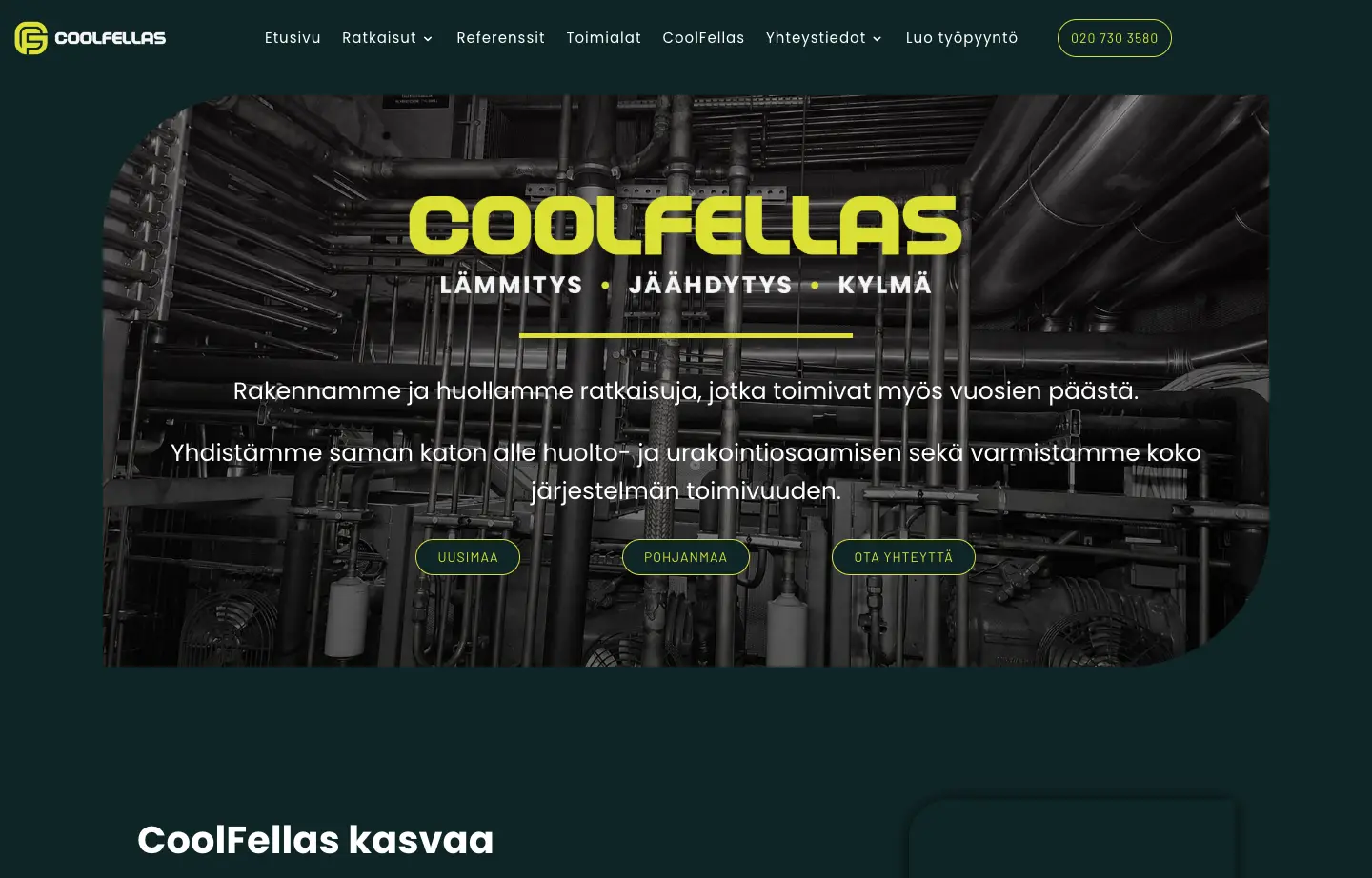 CoolFellasin kotisivujen etusivu: lämmitys, jäähdytys ja kylmä
