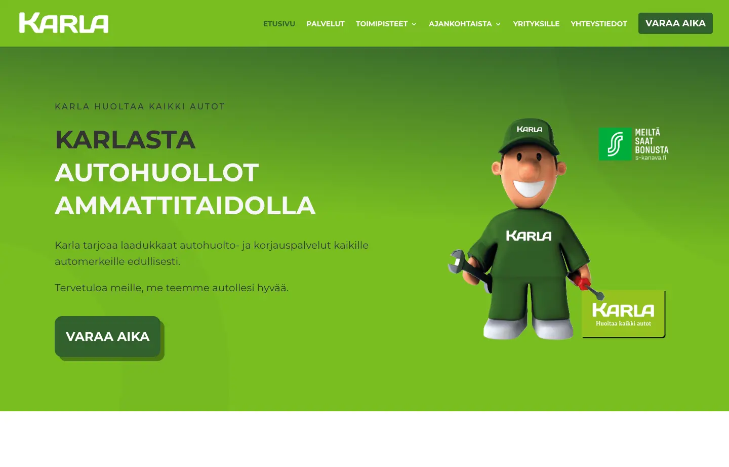 Karlan kotisivujen etusivu: S-ryhmän autohuoltoketju, varaa aika