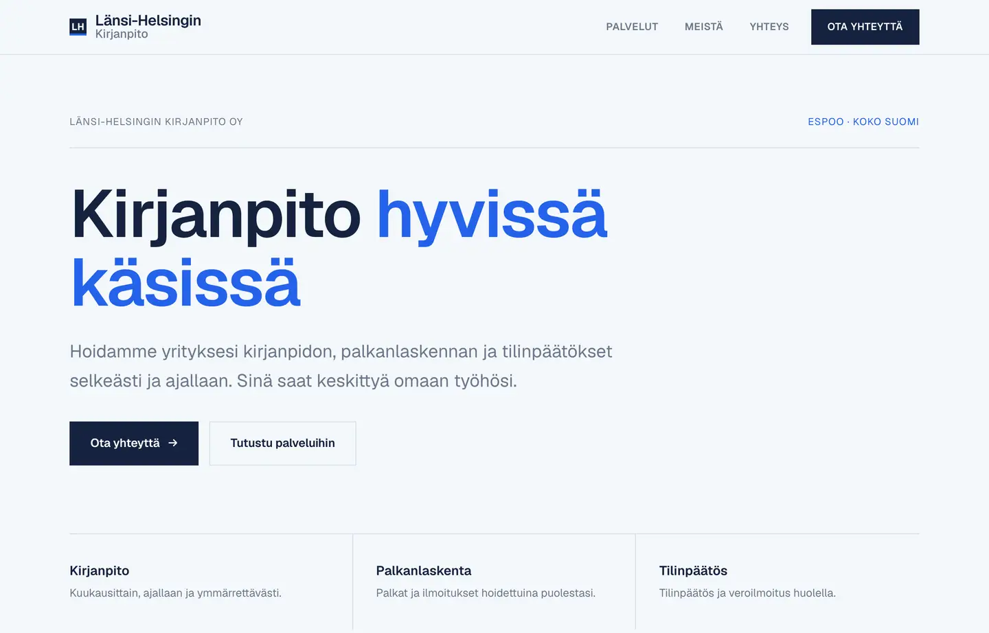Länsi-Helsingin Kirjanpito Oy:n kotisivujen etusivu: kirjanpito, palkanlaskenta ja tilinpäätös