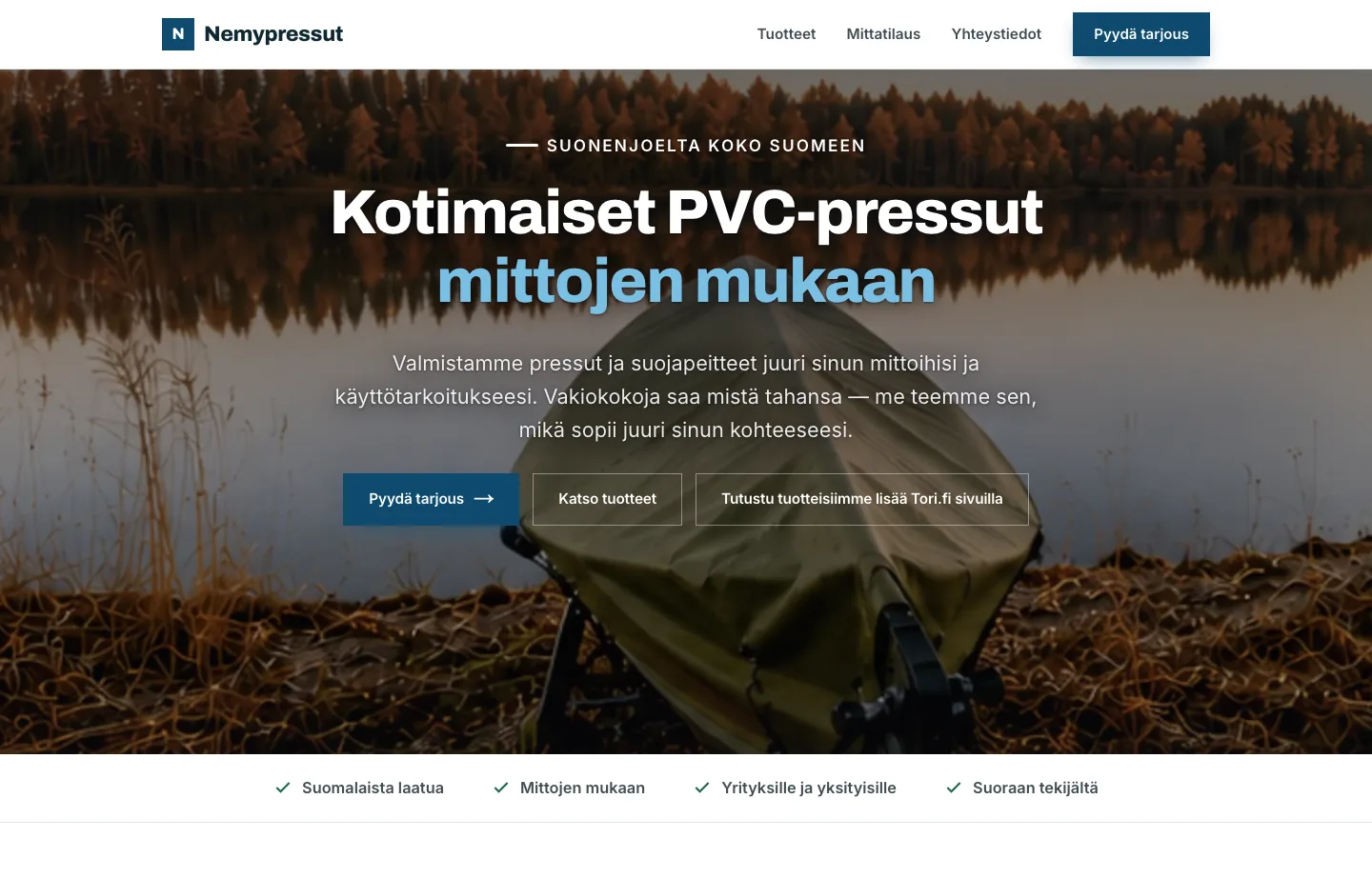 Nemypressujen kotisivujen etusivu: PVC-pressut mittatilaustyönä