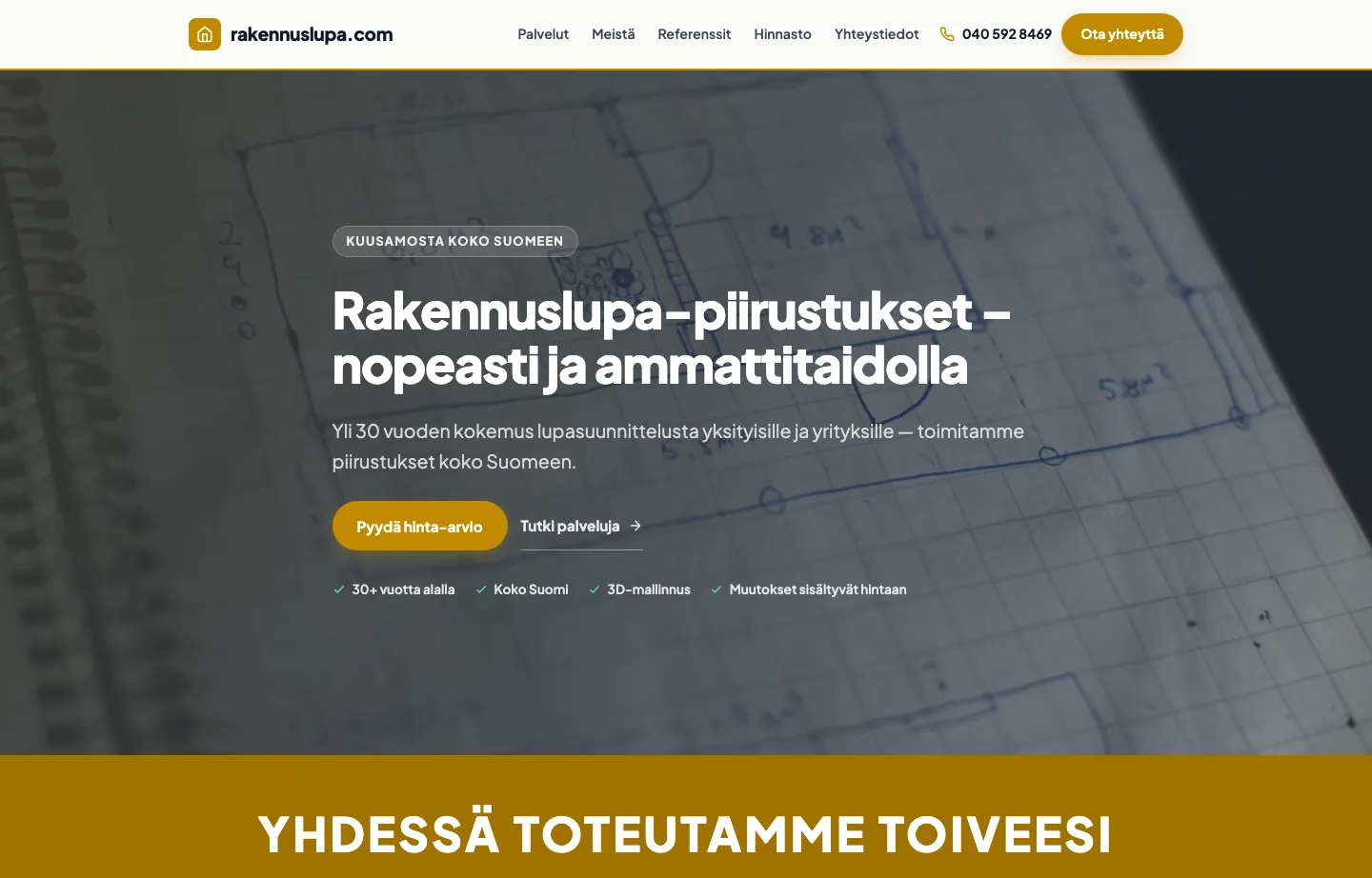 Rakennuslupa.comin kotisivujen etusivu: lupapiirustukset ja 3D-mallinnus